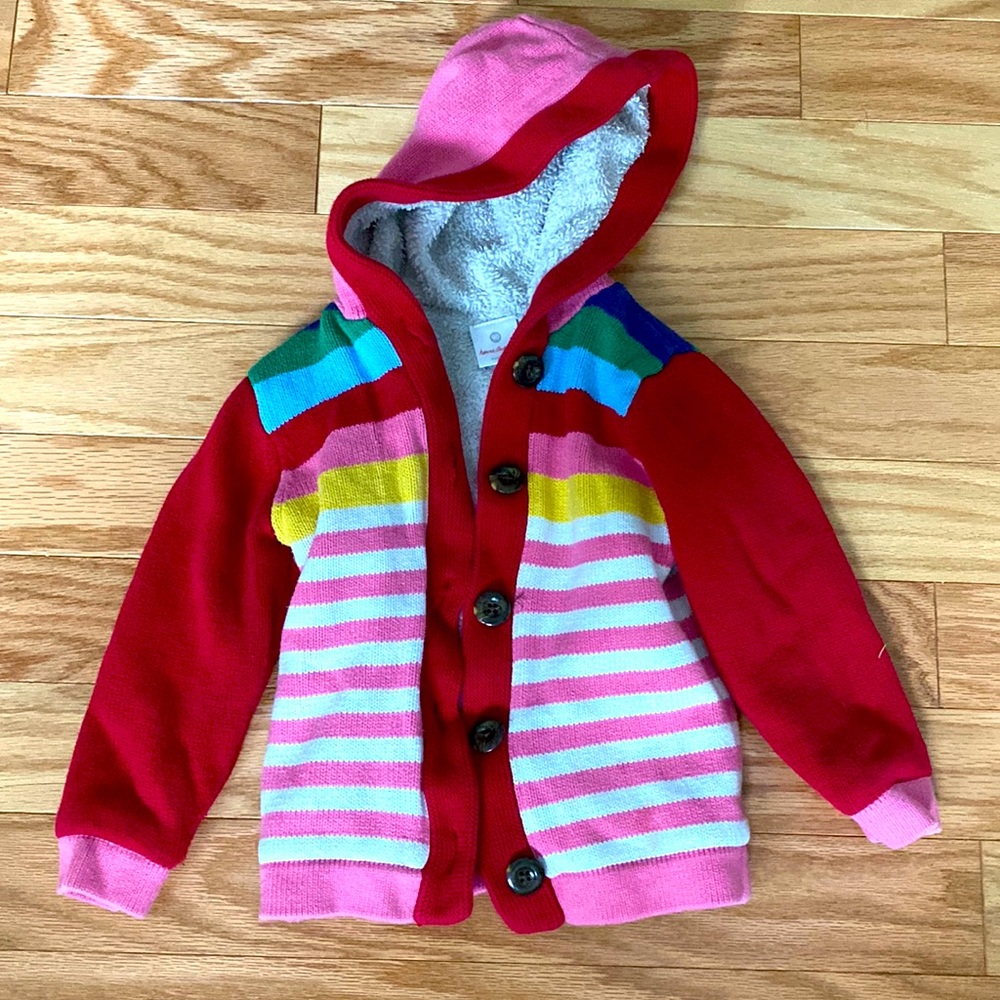 Hanna Andersson striped hooded sweater with matching hat and mittens
